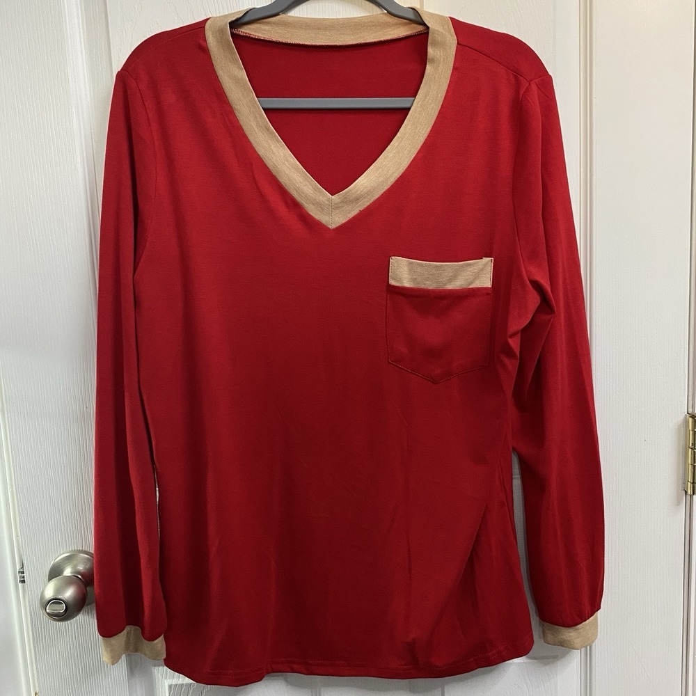 Womens Unbranded Red/TanTop Size L Long Sleeve Cotton Blend V-Neck